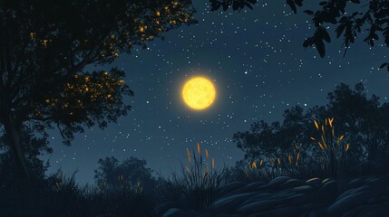 Serene Night Sky Filled with Stars and a Glowing Moonlit Scene