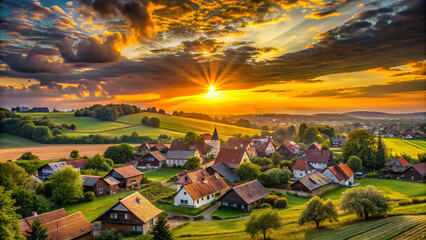 Beautiful sunset over the village background.