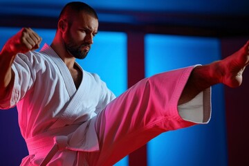 In the captivating realm of martial arts, a dedicated athlete showcases unwavering commitment to training, embodying power, balance, and sheer determination With focused intensity, the martial artist