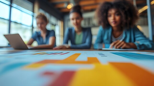 Professionals analyzing digital marketing trends with printed charts and reports