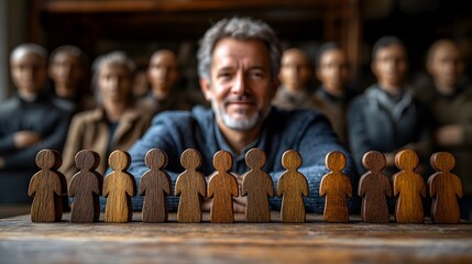 Manager securing wooden people models on table as a metaphor for business protection