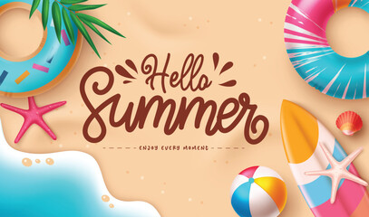 Hello summer greeting text with summer vector elements on sea side. Summer greeting text with beach vector elements. Vector illustration. © BloomersGD
