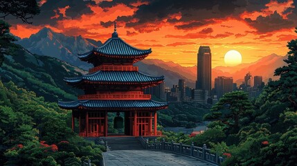 Serene Sunset Over Traditional Pagoda with Modern City Skyline and Majestic Mountains