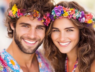 Obraz premium Romantic young couple with floral crowns smiling together in a natural outdoor setting with soft golden sunlight