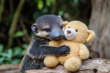 Obraz premium Unexpected Friendship: A charming young silky anteater tenderly embraces a plush teddy bear, showcasing an unlikely yet heartwarming bond. The image is a vibrant portrayal of innocence, friendship.