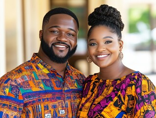 Happy stylish couple in colorful patterned outfits smiling warmly in a lively social gathering with cultural warmth
