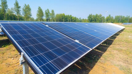Solar Panels in a Sunny Field with Clear Blue Sky and Trees