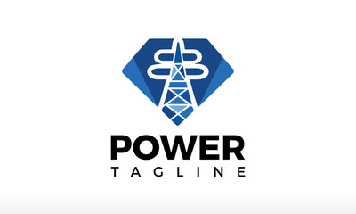 Power Diamond Logo, Diamond With Electric Tower Logo Design, Power Gem Logo, Electric Transmission Tower distribution high voltage electric tower, power line system electricity pole, energy pylon icon