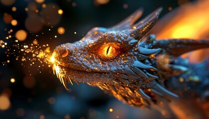 Obraz premium In the heart of the night, a magnificent dragon takes flight, its scales shimmering under the ethereal glow of distant stars With a mighty roar, it unleashes a torrent of fire, painting the canvas of