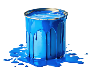 Isolated Splattered Blue Paint Can with Paint Puddle
