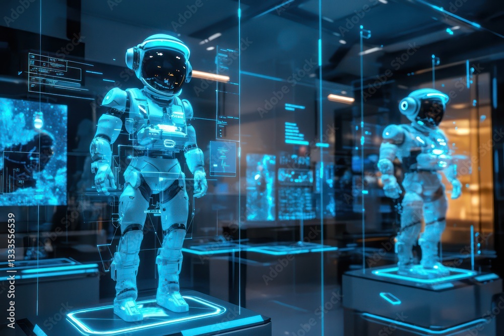 Poster floating holograms in lab visualize robotic missions in space.