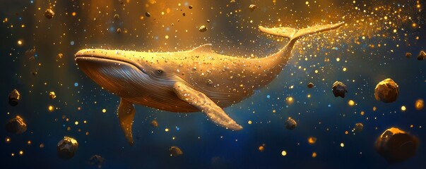 In the inky blackness of space, a colossal, ethereal whale navigates a treacherous asteroid field, its massive form shimmering with cosmic energy The whale's eyes, like ancient stars, gleam with