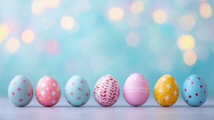 Vibrant Easter Eggs Display, a close-up view of an array of colorful eggs lined up, softly blurred backdrop enhancing the festive atmosphere and seasonal cheer.