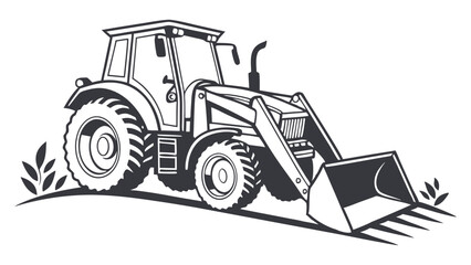 Naklejka premium Tractor with front loader. tractor loader illustration, farm tractor vector, heavy machinery silhouette.