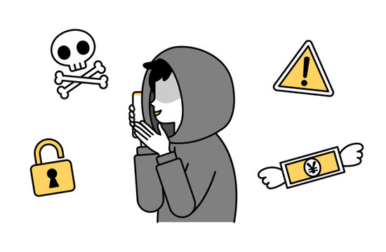 特殊詐欺・振り込め詐欺・オレオレ詐欺をする詐欺師のベクターイラスト モノクロ シンプル