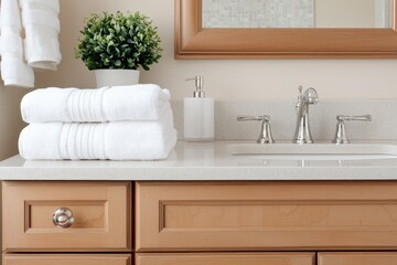 Modern Bathroom Vanity with Clean Towels and Stylish Greenery on a Countertop