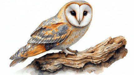 Detailed Watercolor Hand-Drawn Portrait of a Barn Owl Perched on a Log