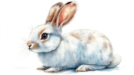 Fototapeta premium Realistic Watercolor Illustration of a Cute White Rabbit Sitting Gracefully