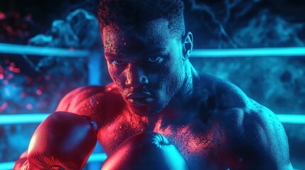 Boxer's Intensity: a powerful and determined boxer with focused eyes, and gloved hands, illuminated by dramatic red and blue lighting, preparing for the next fight.