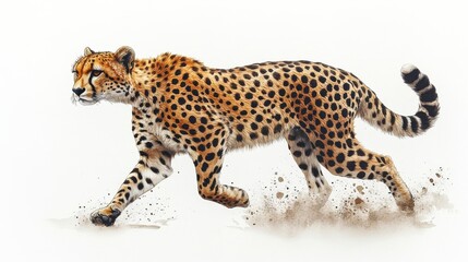 Obraz premium Watercolor Hand-Drawn Adult Cheetah Running Through Dusty Terrain in Natural Habitat