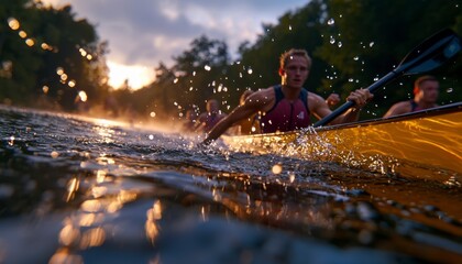 In the serene embrace of dawn, a rowing team emerges as a symbol of synchronized strength Silhouetted against the rising sun, their oars carve through the misty water, creating a mesmerizing