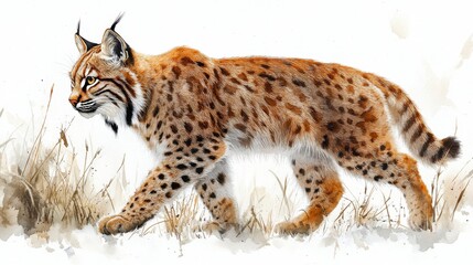 Fototapeta premium Watercolor Hand-Drawn Adult Lynx Walking Gracefully Through Natural Grasslands