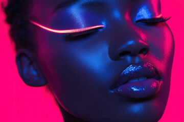 studio neon glow close up of black african female closed eyes makeup pink blue shimmer glitter eyeshadow cinematic cosmetics branding beauty brand marketing make-up looking eyebrows eyelashes mascara © ZattaVoga