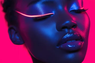 studio neon glow close up of black african female closed eyes makeup pink blue shimmer glitter eyeshadow cinematic cosmetics branding beauty brand marketing make-up looking eyebrows eyelashes mascara © ZattaVoga