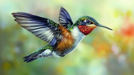 Obraz premium Watercolor Hand-Drawn Hummingbird in Flight Against a Soft Colorful Background