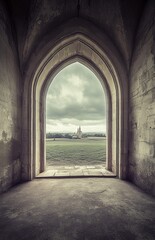 Fototapeta premium Gothic Arch Window to Cloudy Landscape
