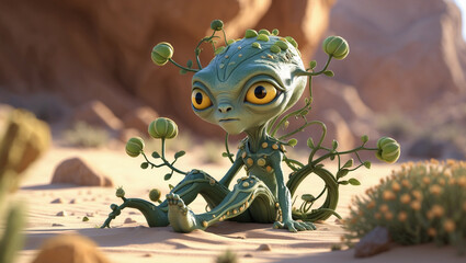 Whimsical Plant-Like Alien in a Mysterious Desert