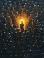 Obraz premium Be the light. One glowing person is different between others.