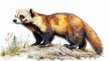 Watercolor Hand-Drawn Portrait of an Adult Wolverine Set Against a Natural Background