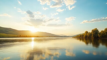 Fototapeta premium Serene Sunset Over Calm River With Lush Greenery