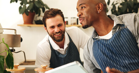 Technology, barista and discussion in coffee shop for small business, check inventory and smile. Tablet, waiter team and men in cafe for planning menu, talking and stock for online order in startup