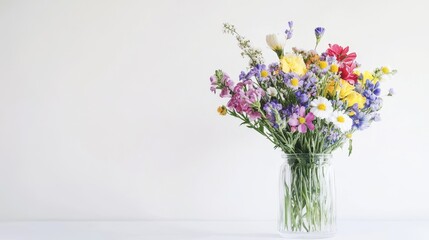 Fototapeta premium A beautiful wildflower bouquet arranged in a clear glass vase, set against a white background.