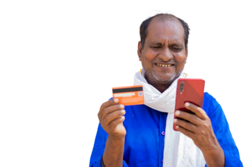 Indian asian origin mid age old man holding smartphone and credit card for online banking payment business concept