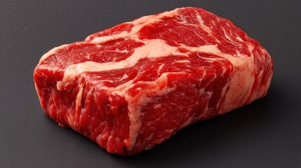 Fototapeta premium A single fresh cut of raw marbled red beef is presented