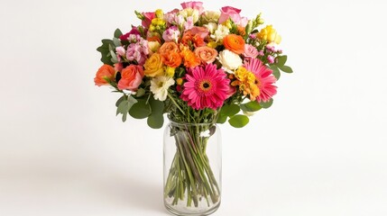 Obraz premium A beautiful wildflower bouquet arranged in a clear glass vase, set against a white background.