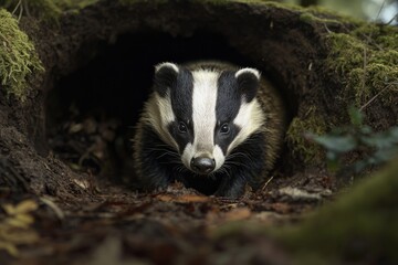 Naklejka premium A European badger emerging from a cave.