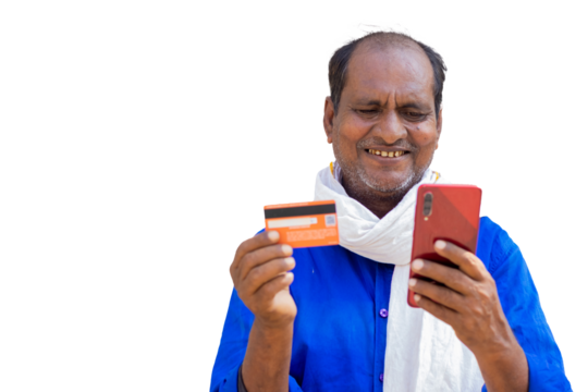 Indian asian origin mid age old man holding smartphone and credit card for online banking payment business concept