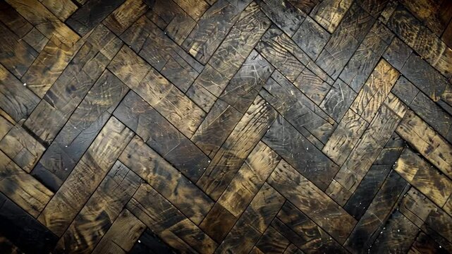 Rustic Wooden Herringbone Pattern with Weathered Texture Dark and Earthy Design Showcasing Natural Grain and Character, Ideal for Flooring or Wall Design, Creating Warm and Vintage Atmosphere