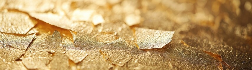 Gold foil paper texture, close-up view, shimmering surface, intricate details, luxurious sheen, ideal for backgrounds, design projects, and artistic applications, vibrant visual appeal