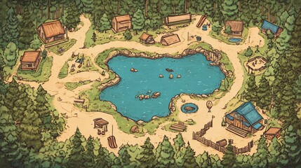 Naklejka premium Hand Drawn Campground Map Illustration with Cabins and a Central Lake