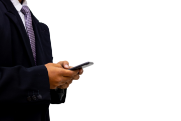 businessman hand holding smartphone isolated over transparent background with copy space