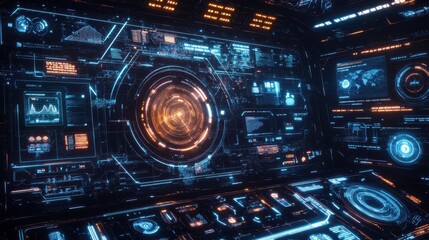 Fototapeta premium A futuristic holographic interface displaying a wide range of investment options and analytics, featuring advanced technology with interactive data visualization and detailed metrics.