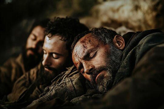 Three of Jesus disciples sleeping in the olive grove.