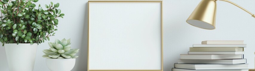 Elegant interior poster display featuring a vertical gold metal frame on a table, adorned with a succulent plant, lamp, and books against a minimalist white wall.