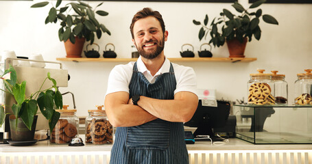 Man, waiter and confident with portrait at cafe for about us, inventory management and welcome....