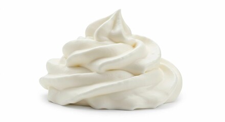 The image features a dollop of white whipped cream with a swirled texture and pointed tip, isolated on a white background, casting a subtle shadow